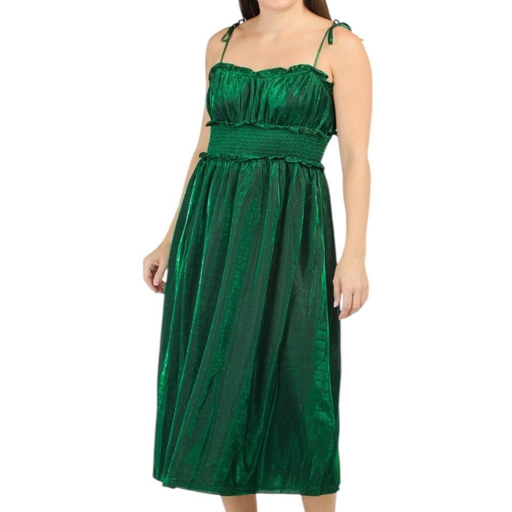 NWT SUGARLIPS Green Shimmer Smocked Waist Adjustable Strap Midi Dress Size Small
